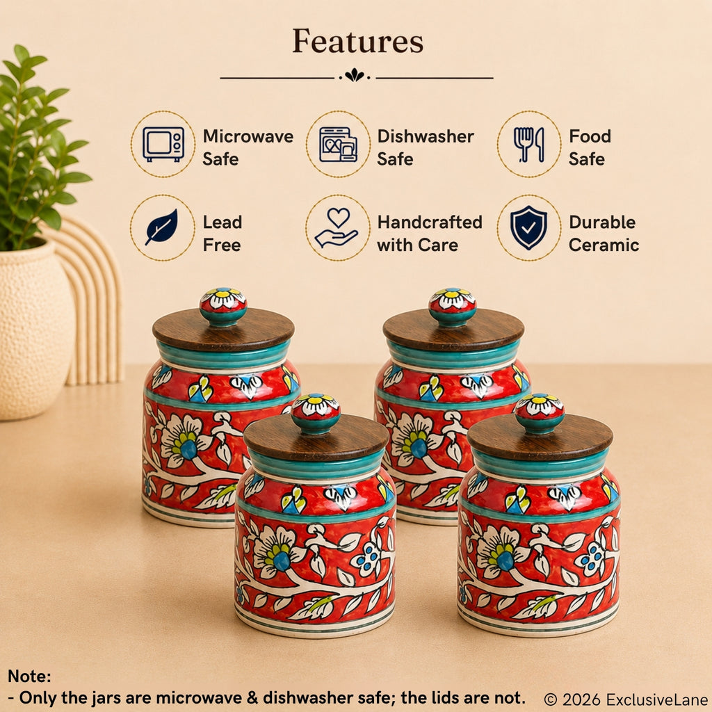 Hand-Painted Floral Ceramic Storage Jars And Containers (Set of 4, Airtight, 410 ML)