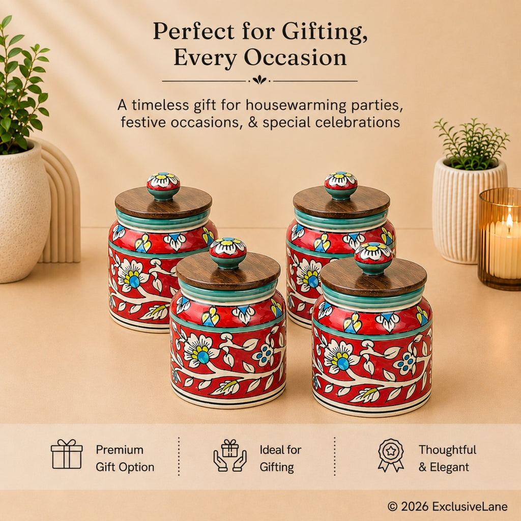 Hand-Painted Floral Ceramic Storage Jars And Containers (Set of 4, Airtight, 410 ML)
