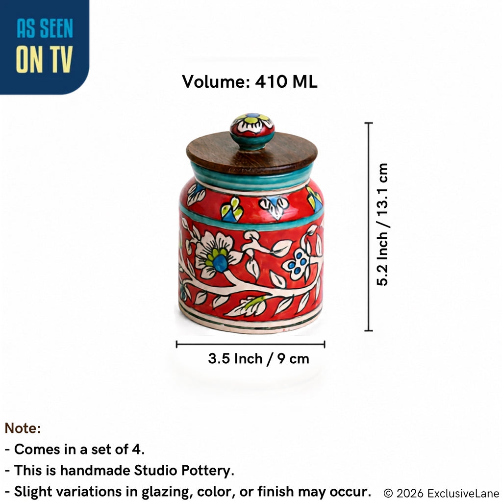 Hand-Painted Floral Ceramic Storage Jars And Containers (Set of 4, Airtight, 410 ML)