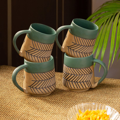 Chevron Waves Textured Handcrafted Ceramic Coffee Mugs (Set of 4, 280 ML Each)