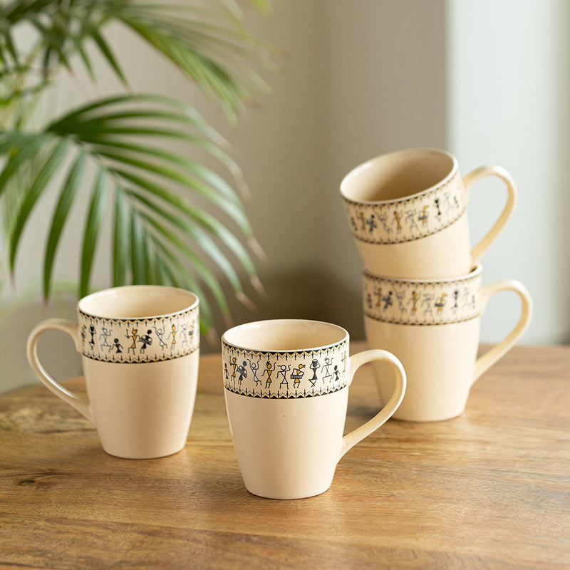 Whispers of Warli Handcrafted Printed Ceramic Tea Cups Coffee Mugs (Set Of 4, 300 ML Each)