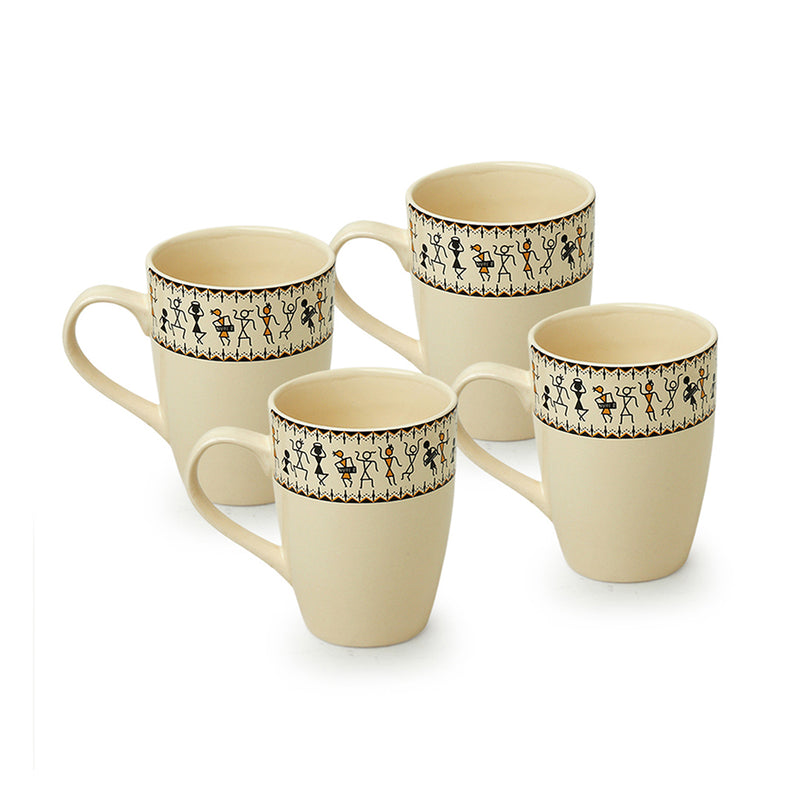 Whispers of Warli Handcrafted Printed Ceramic Tea Cups Coffee Mugs (Set Of 4, 300 ML Each)