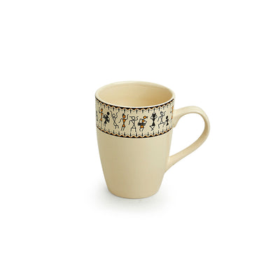 Whispers of Warli Handcrafted Printed Ceramic Tea Cups Coffee Mugs (Set Of 4, 300 ML Each)