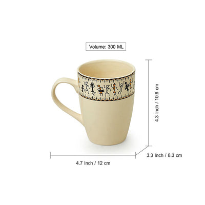 Whispers of Warli Handcrafted Printed Ceramic Tea Cups Coffee Mugs (Set Of 4, 300 ML Each)