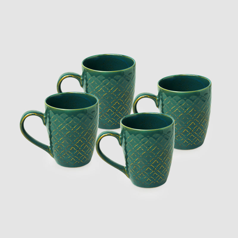 Moroccan Turqouise Handcrafted Printed Ceramic Tea Cups Coffee Mugs (Set Of 4, 300 ML Each)