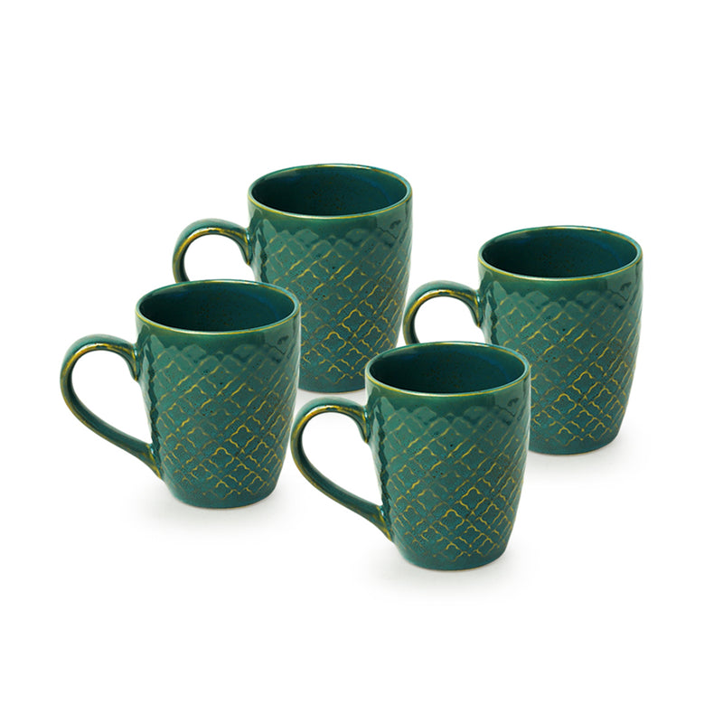 Moroccan Turqouise Handcrafted Printed Ceramic Tea Cups Coffee Mugs (Set Of 4, 300 ML Each)