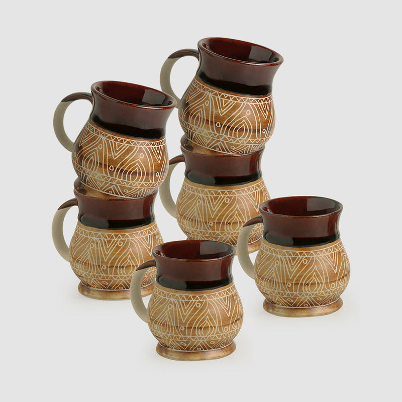 Cocoa Fire Carvings Ceramic Studio Pottery Tea Coffee Mugs (Set Of 6)