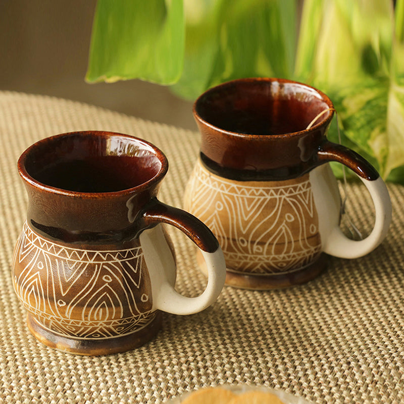 Cocoa Fire Carvings Ceramic Studio Pottery Tea Coffee Mugs (Set Of 6)