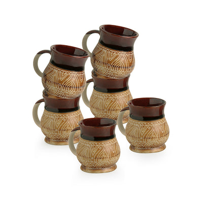 Cocoa Fire Carvings Ceramic Studio Pottery Tea Coffee Mugs (Set Of 6)