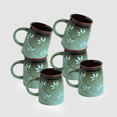 Leaf Sips Handglazed Studio Pottery Ceramic Coffee Tea Mugs (Set of 6)