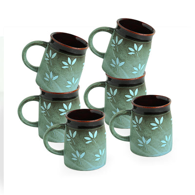 Leaf Sips Handglazed Studio Pottery Ceramic Coffee Tea Mugs (Set of 6)