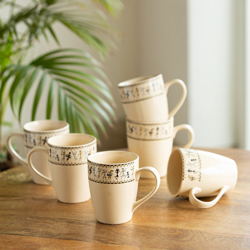 Whispers of Warli Handcrafted Printed Ceramic Tea Cups Coffee Mugs (Set Of 6, 300 ML Each)