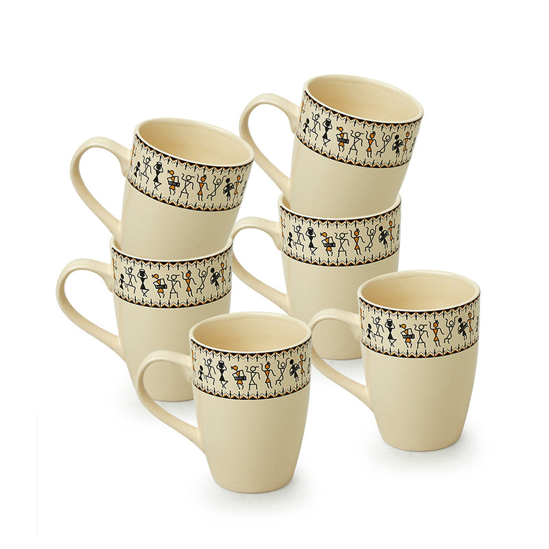 Whispers of Warli Handcrafted Printed Ceramic Tea Cups Coffee Mugs (Set Of 6, 300 ML Each)