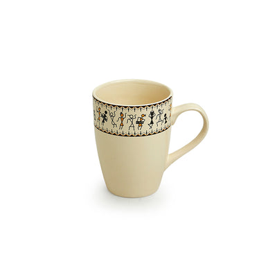 Whispers of Warli Handcrafted Printed Ceramic Tea Cups Coffee Mugs (Set Of 6, 300 ML Each)