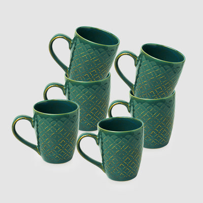 Moroccan Turqouise Handcrafted Printed Ceramic Tea Cups Coffee Mugs (Set Of 6, 300 ML Each)