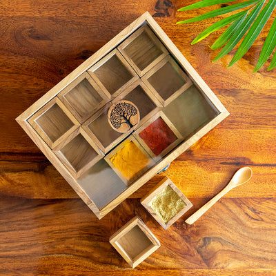 'Tree of Life' Handcrafted Spice Box With Spoon In Teak Wood (12 Containers, 55 ml)