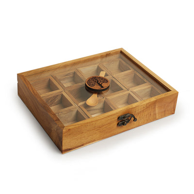 'Tree of Life' Handcrafted Spice Box With Spoon In Teak Wood (12 Containers, 55 ml)