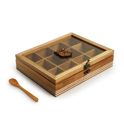 Mystic Owl' Hand-Engraved Spice Box With Spoon In Teak Wood (12 Fixed Partitions | 110 ml)