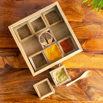 Tree of Life' Handcrafted Spice Box With Spoon In Teak Wood (9 Containers | 55 ml)