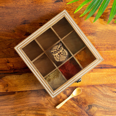 Mystic Owl' Hand-Engraved Spice Box With Spoon In Teak Wood (9 Fixed Partitions | 110 ml)