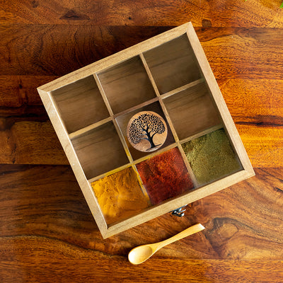 Tree of Life' Handcrafted Spice Box With Spoon In Teak Wood (9 Fixed Partitions | 80 ml)