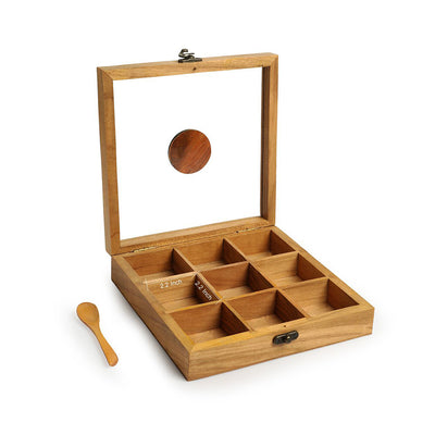 Tree of Life' Handcrafted Spice Box With Spoon In Teak Wood (9 Fixed Partitions | 80 ml)