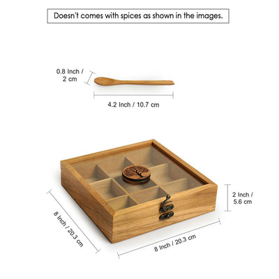 Tree of Life' Handcrafted Spice Box With Spoon In Teak Wood (9 Fixed Partitions | 80 ml)