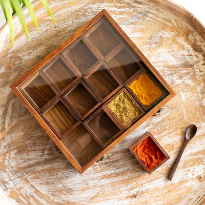 Medley of Masalas' Handcrafted Spice Box With Spoon In Sheesham Wood (12 Containers | 80 ml)