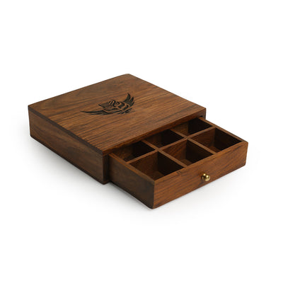Owl Hand-Engraved' Spice Box In Sheesham Wood (9 Fixed Partitions | 60 ml | Drawer Style)