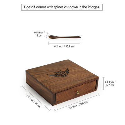 Owl Hand-Engraved' Spice Box In Sheesham Wood (9 Fixed Partitions | 60 ml | Drawer Style)