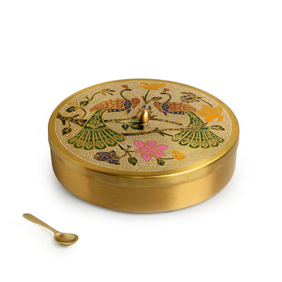 Peacock Hand-Etched' Handpainted Spice Box With Spoon In Brass (7 Containers | 110 ml)