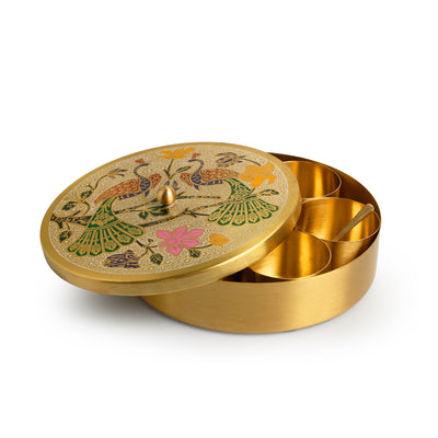 Peacock Hand-Etched' Handpainted Spice Box With Spoon In Brass (7 Containers | 110 ml)