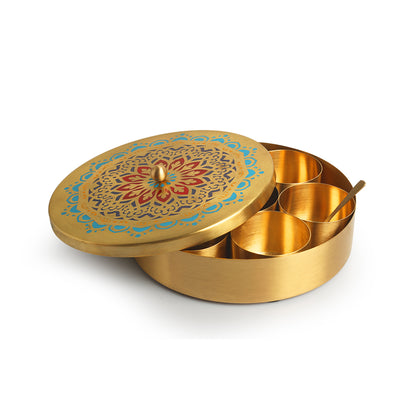 Moroccan Hand-Etched' Handpainted Spice Box With Spoon In Brass (7 Containers | 110 ml)