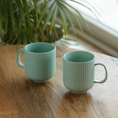 Coral Reef' Glazed Studio Pottery Ceramic Tea & Coffee Mugs (Set of 2, 300 ml, Light Green)