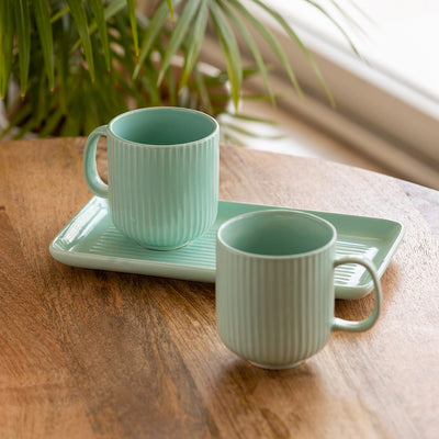 Coral Reef' Glazed Studio Pottery Ceramic Tea & Coffee Mugs with Tray (Set of 2, 300 ml, Light Green)