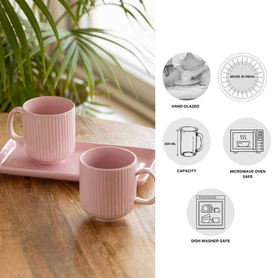 Coral Reef' Glazed Studio Pottery Ceramic Tea & Coffee Mugs with Tray (Set of 2, 300 ml, Pink)
