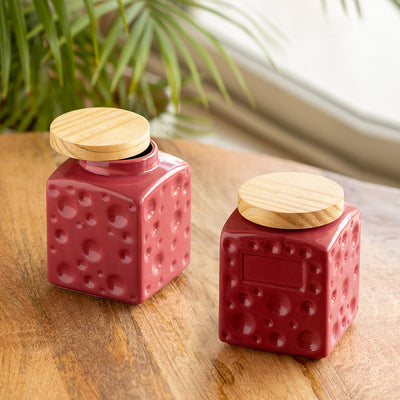 Chic Red' Handcrafted Multi-utility Ceramic Storage Jars and Containers (Air-Tight, Set of 2, 730 ml)