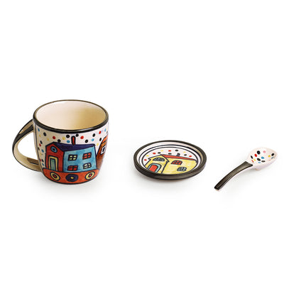 The Hut Jumbo Cuppas' Hand-Painted Ceramic Soup & Coffee Mug With Coaster And Spoon (300 ml)