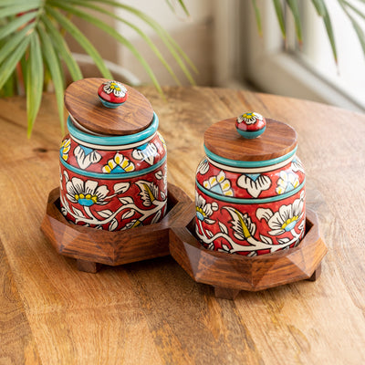 Mughal Floral' Hand-Painted Ceramic Storage Jars & Containers with Tray  (Set of 2, 440 ML)