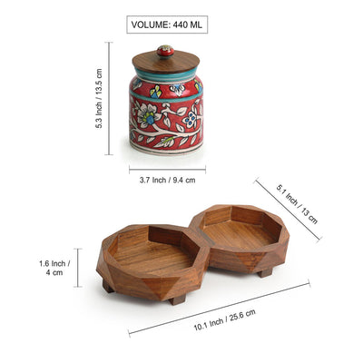 Mughal Floral' Hand-Painted Ceramic Storage Jars & Containers with Tray  (Set of 2, 440 ML)