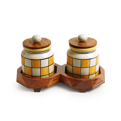 Shatranj Checkered' Hand-Painted Ceramic Storage Jars & Containers with Tray (Set of 2, 440 ML)