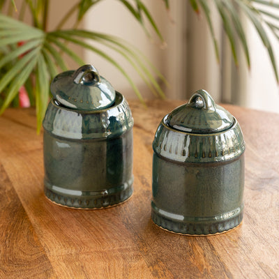 Tomb Green' Hand Glazed Kitchen Storage Jars and Containers in Ceramic (Non Air-Tight, Set of 2, 660 ml)