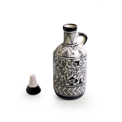 Mughal Floral' Hand-Painted Decorative Ceramic Oil Bottle (900 ml, White & Black)