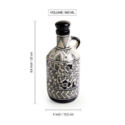 'Mughal Floral' Hand-Painted Decorative Ceramic Oil Bottle (900 ml, White & Black)