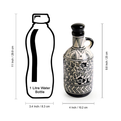 Mughal Floral' Hand-Painted Decorative Ceramic Oil Bottle (900 ml, White & Black)