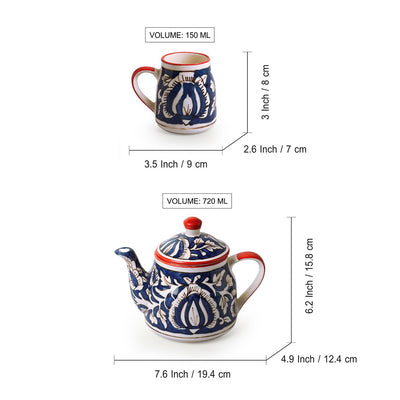 Mughal Heritage' Hand-Painted Ceramic Tea Cups & Kettle  Set (6 Cups, 1 Kettle)