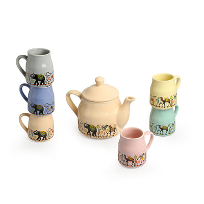 Elephant Motif' Handcrafted Ceramic Tea Cups & Kettle  Set (6 Cups, 1 Kettle)