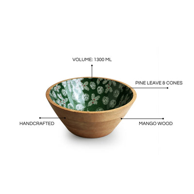 Festive Pine' Handenamelled Serving Salad Bowl (9.4 Inches, 1300 ml, Mango Wood, Handcrafted)