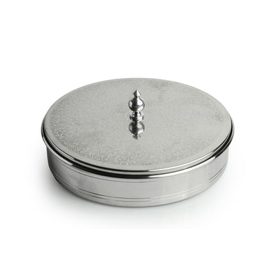Floral Hand-Etched' Chapati Box In Stainless Steel With Tong In Brass (8.4 Inch, 1140 ml)
