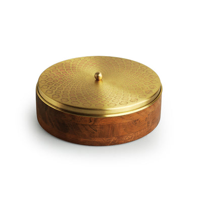 Mughal Hand-Etched' Spice Box With Spoon In Brass & Acacia Wood (7 Containers, 60 ml)